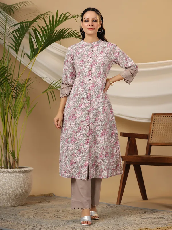 Beige floral printed kurti in cotton