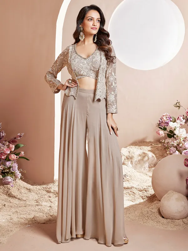 Beige georgette palazzo suit with jacket