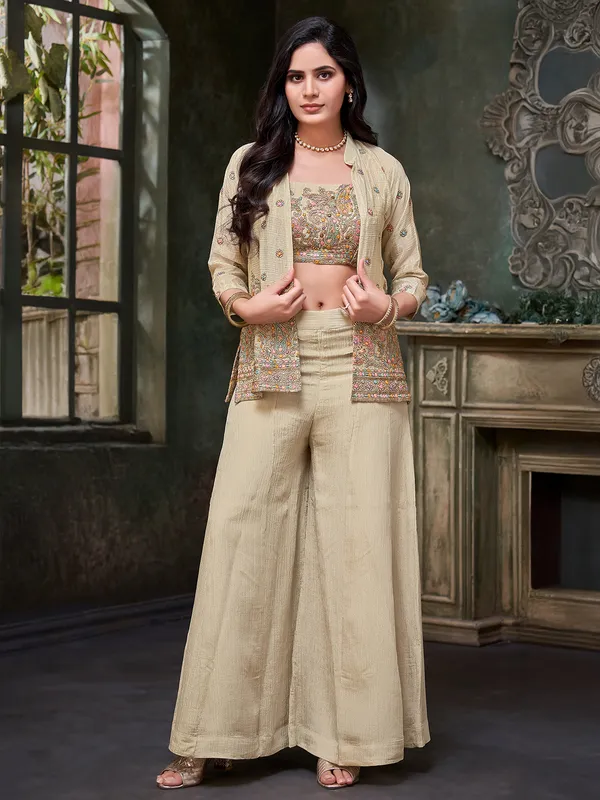 Beige jacket style palazzo suit for women