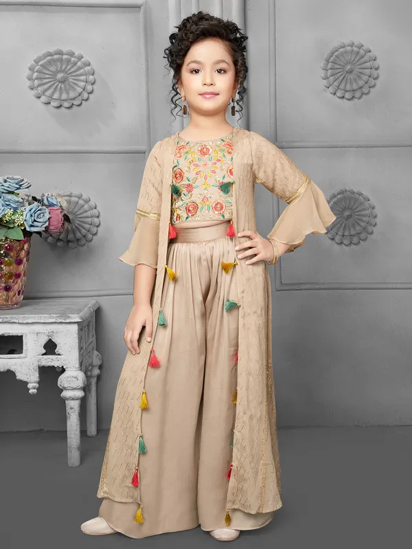 Beige jacket style palazzo suit in silk