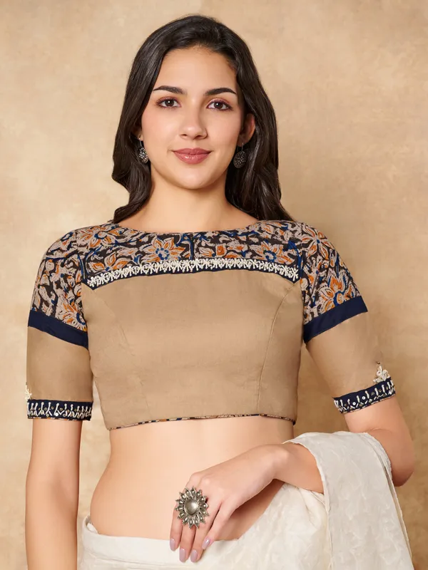 Beige kalamkari cotton ready made blouse