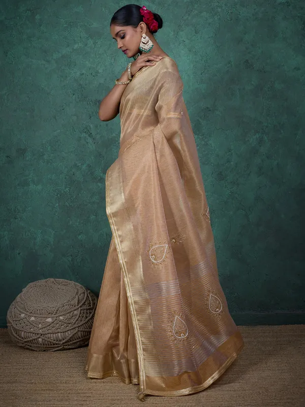 Beige linen tissue silk saree
