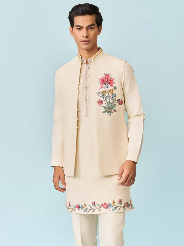 Beige lotus blossam hand printed mens waistcoat set