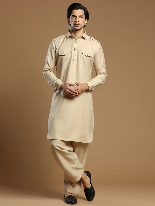 Beige men festive events cotton silk plain pathani suit