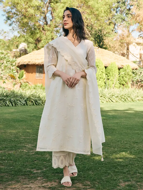 Beige muslin cotton festive wear salwar suit