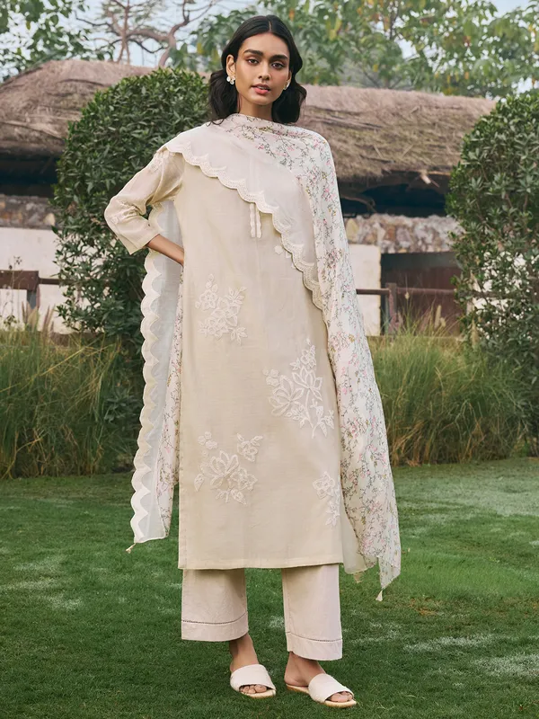 Beige muslin cotton festive wear salwar suit for women
