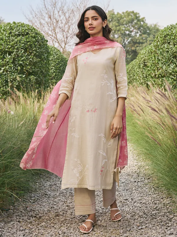 Beige muslin cotton salwar suit for women