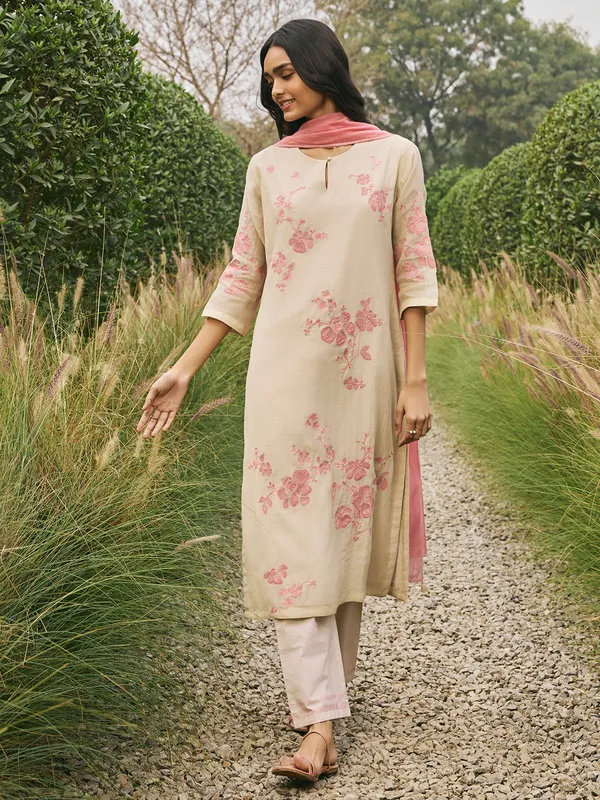 Beige muslin cotton salwar suit with dupatta