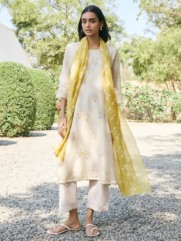 Beige muslin cotton salwar suit with dupatta for women