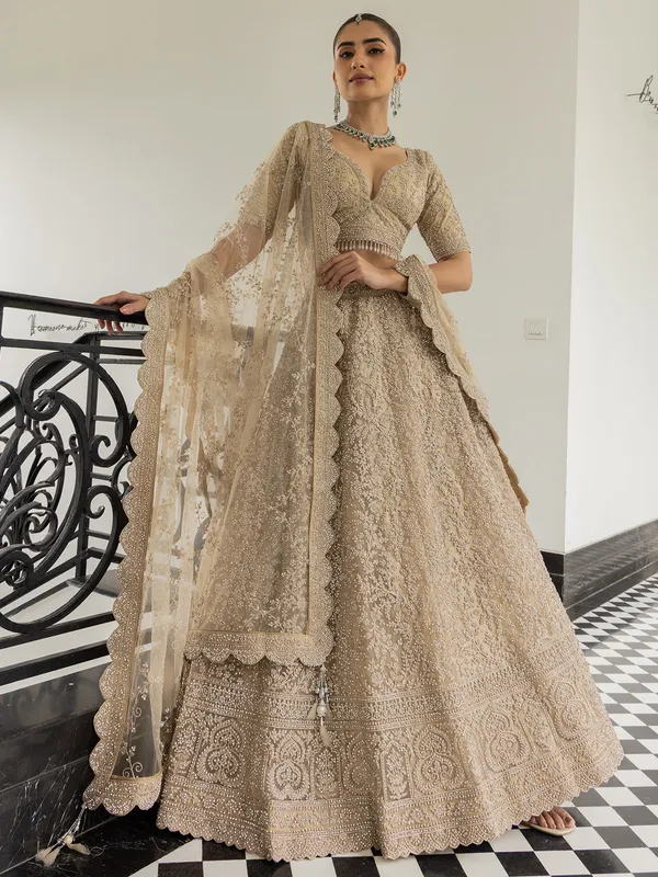 Beige net bridal lehenga choli