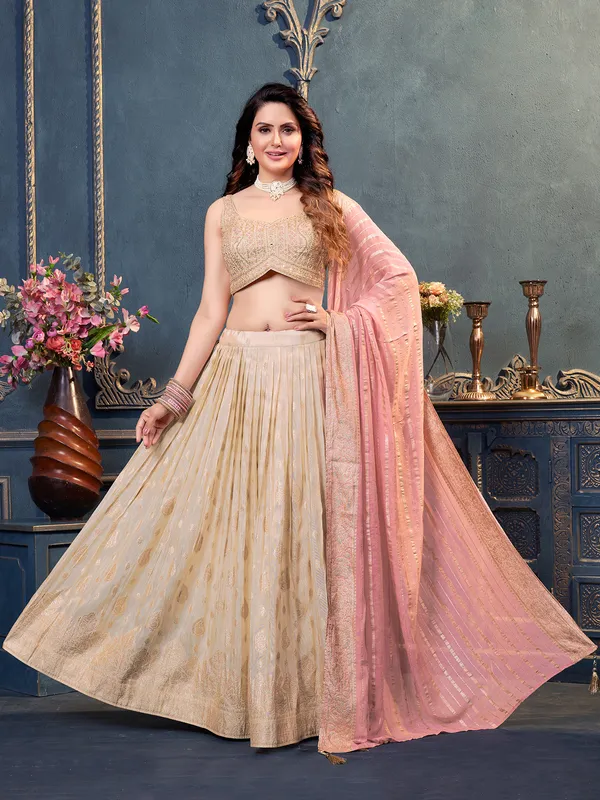 Beige organza lehenga choli with dupatta