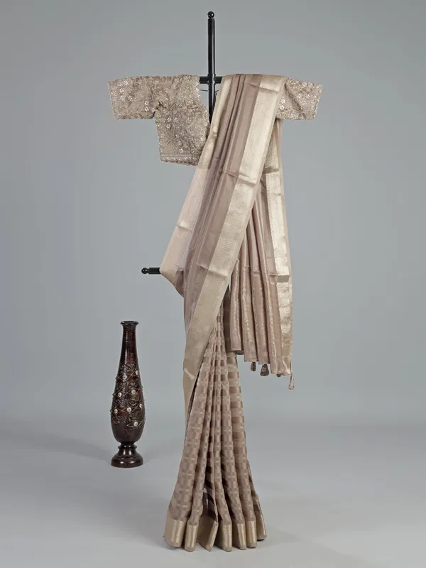 Beige organza satin saree with V neck blouse