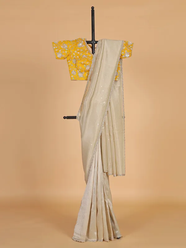 Beige organza wedding wear saree for women