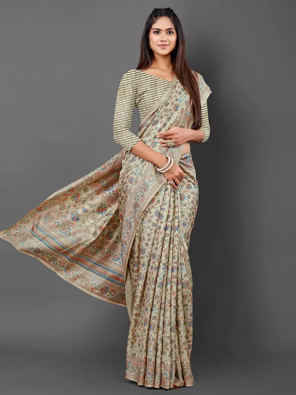 Beige pashmina silk saree with print