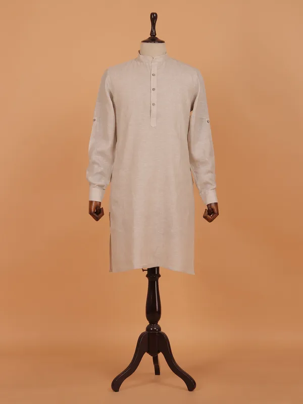 Beige plain cotton kurta set for men
