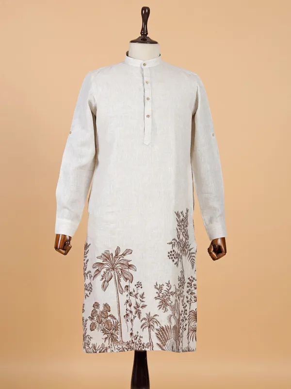 Beige printed cotton kurta for men