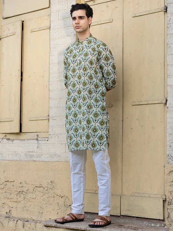 Beige printed cotton kurta pant set