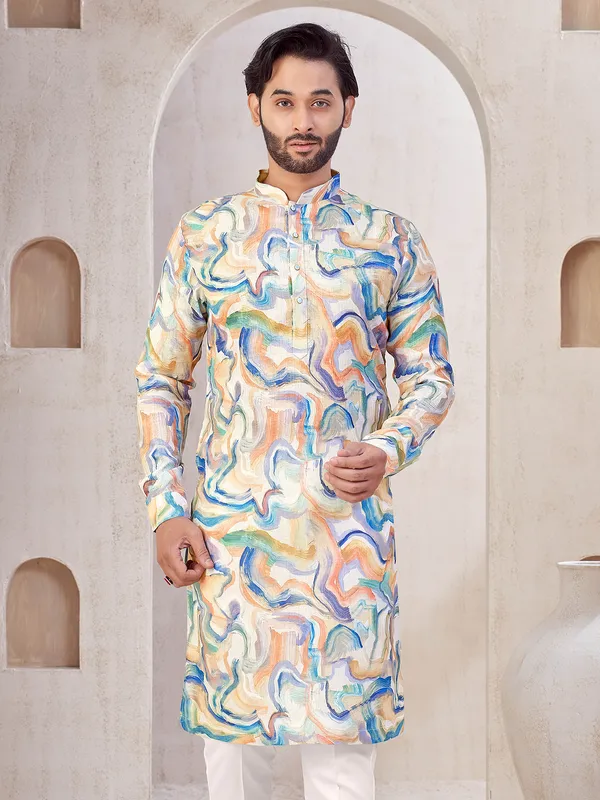 Beige printed cotton kurta suit for festival