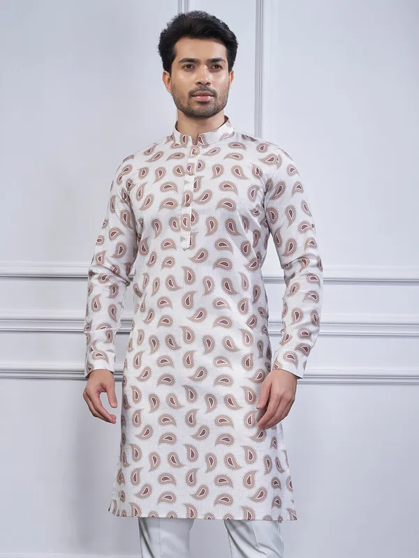 Beige printed cotton kurta suit for festive wear