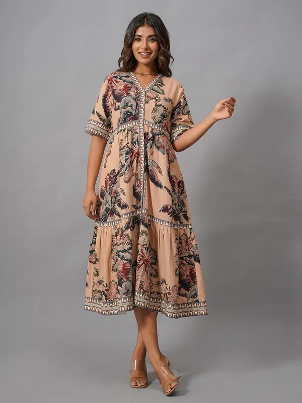 Beige printed cotton kurti for women