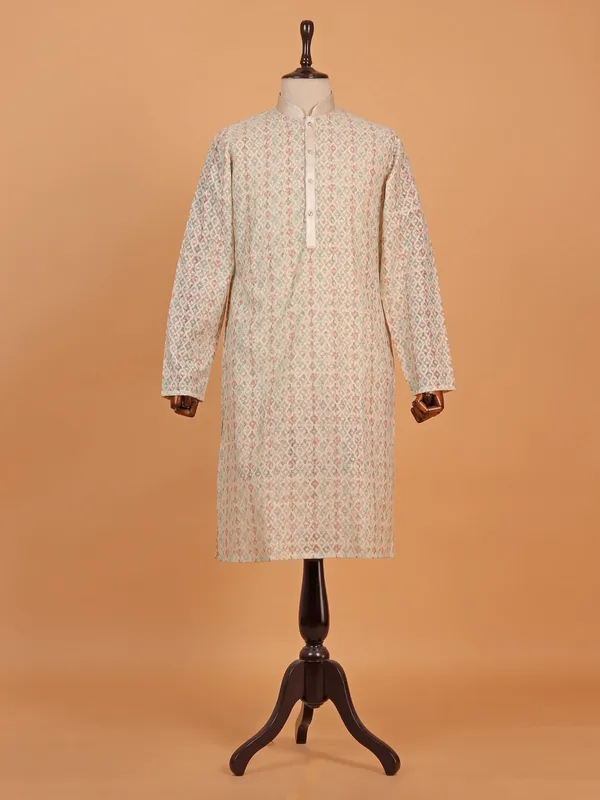 Beige printed cotton silk festive ready kurta suit
