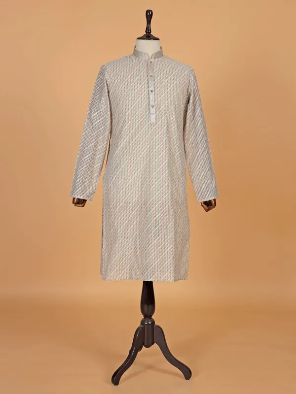 Beige printed cotton silk kurta suit for festive