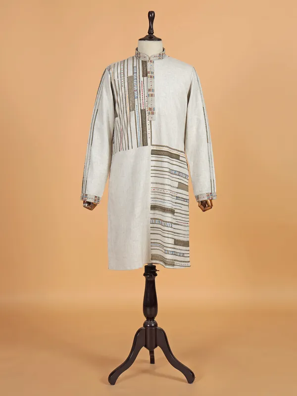 Beige printed cotton silk kurta suit for men