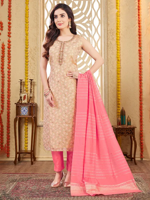 Beige printed cotton silk salwar suit