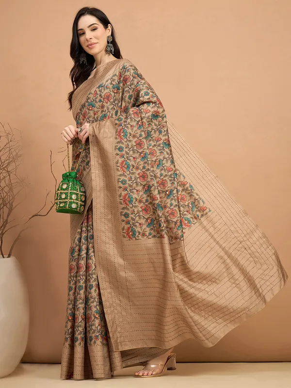 Beige printed cozi silk saree for aesthetic beauty