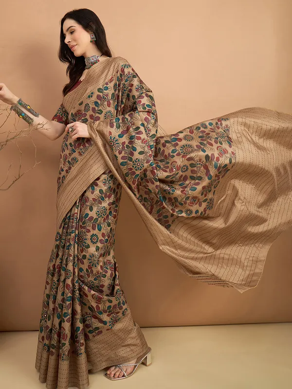 Beige printed cozi silk saree for wedding