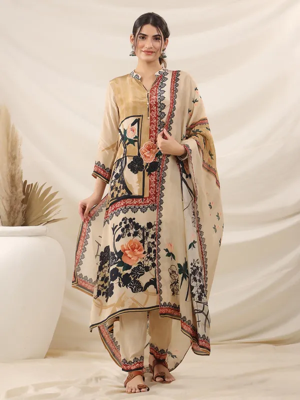 Beige printed crepe kurti set