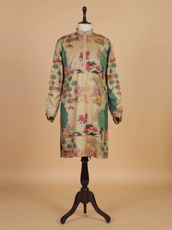 Beige printed festive ready kurta suit for men