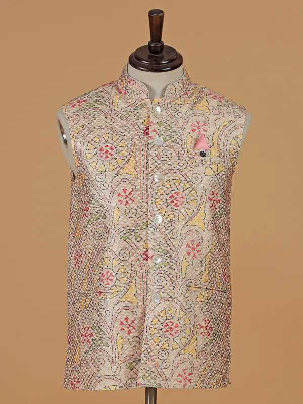 Beige printed festive ready waistcoat for men