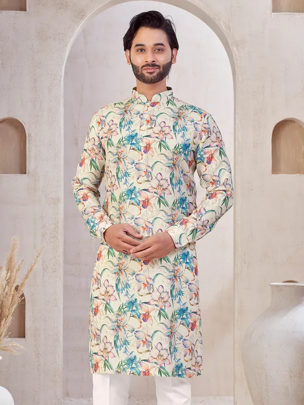 Beige printed festive wear cotton kurta suit