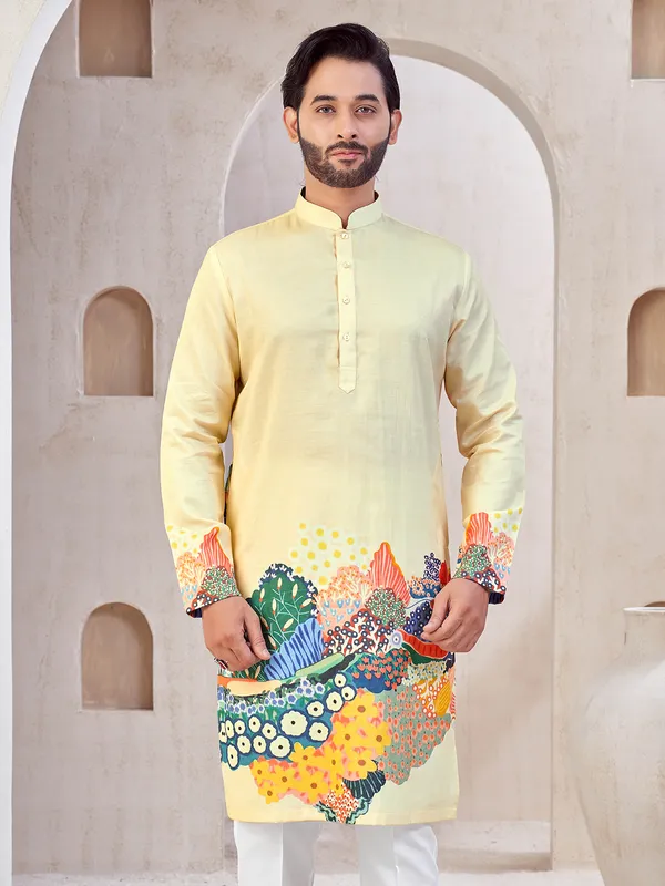 Beige printed festive wear kurta suit in cotton