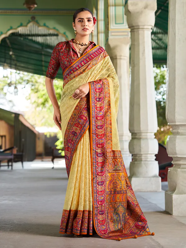 Beige printed georgette thread worked saree