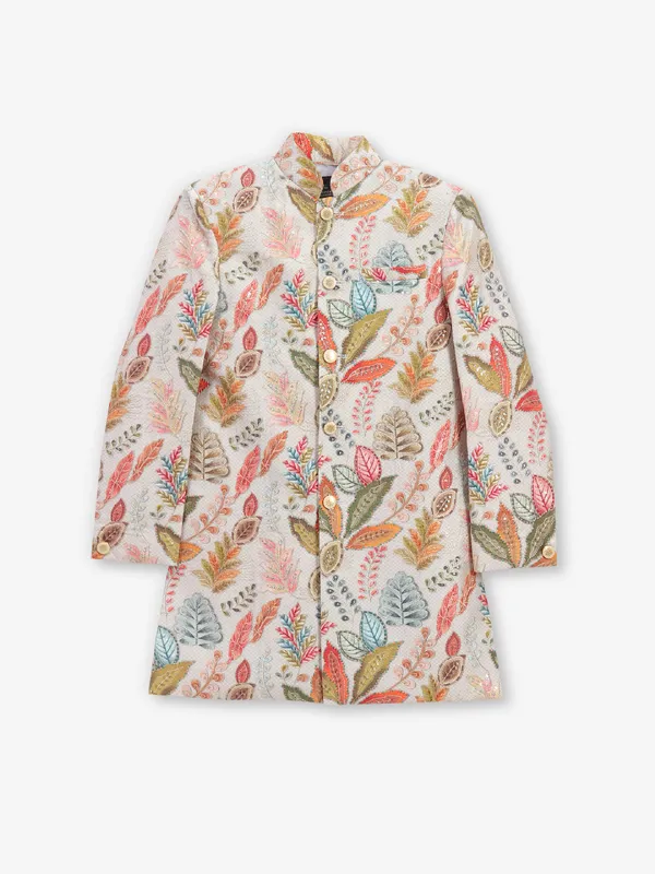 Beige printed indowestern for boys in cotton silk