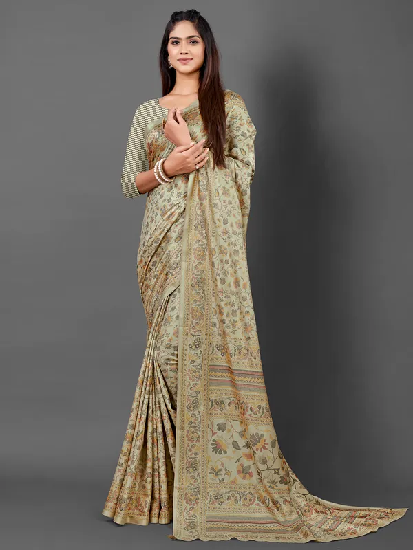 Beige printed pashmina silk saree
