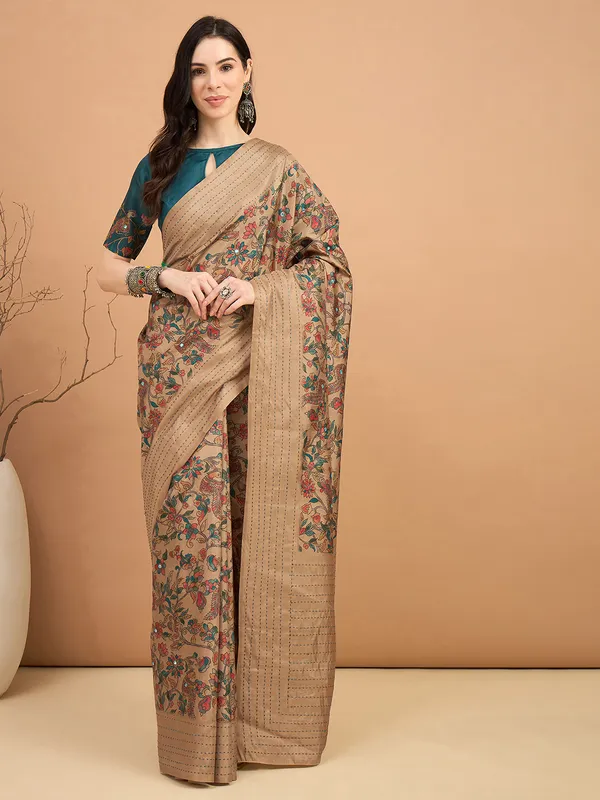 Beige printed saree in cozi silk