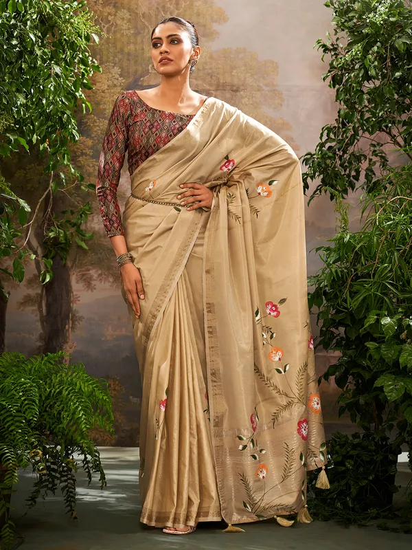 Beige printed saree in linen