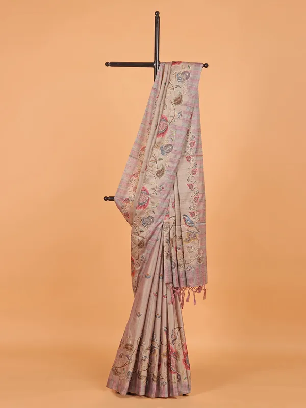 Beige printed semi cotton silk festive wear saree