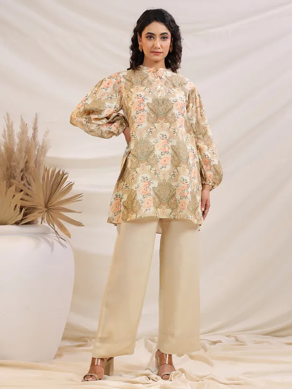 Beige printed sequins worked co-ord set