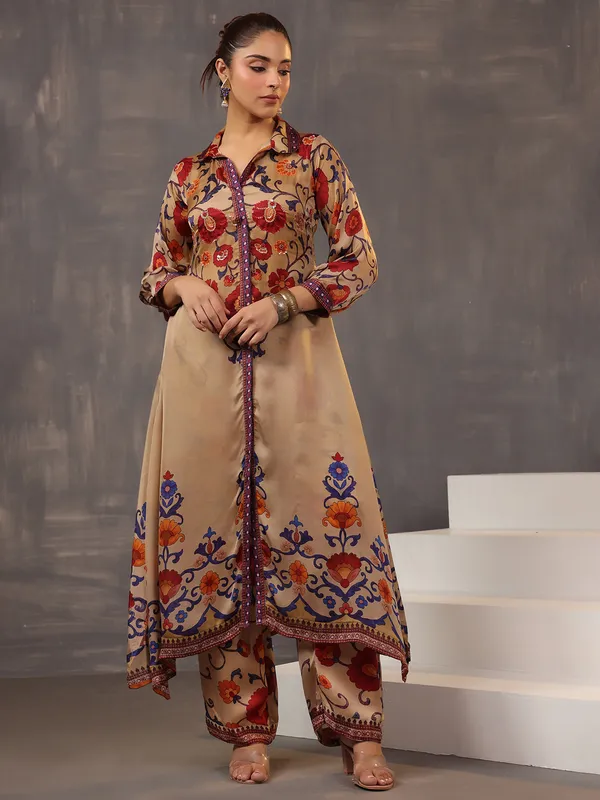 Beige printed silk kurti set for festive