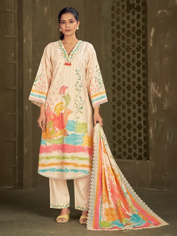 Beige printed silk kurti set for women