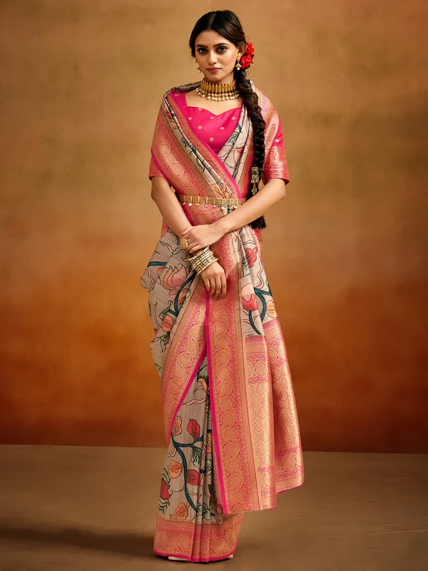 Beige printed tusser silk saree