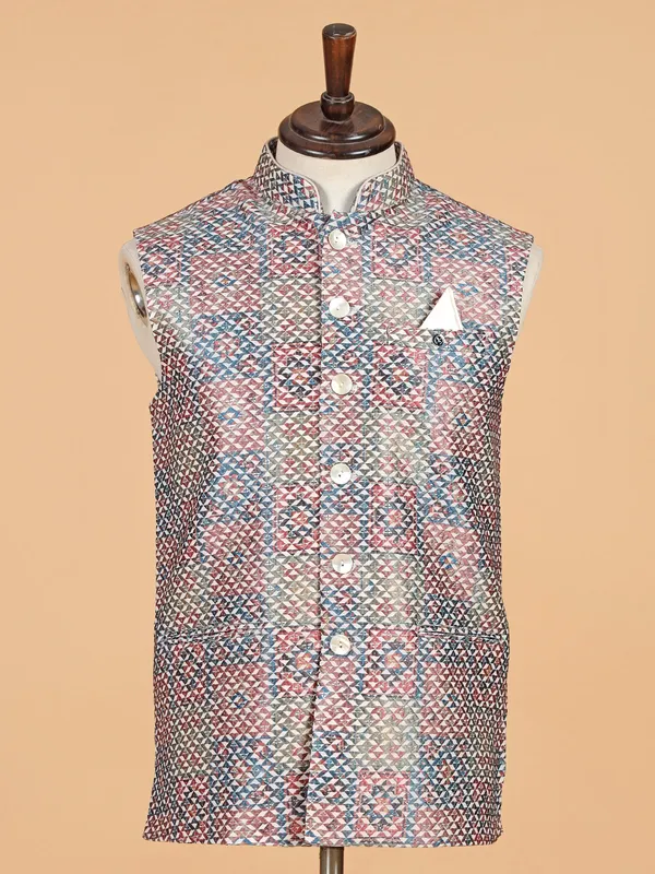 Beige printed waistcoat with thread work