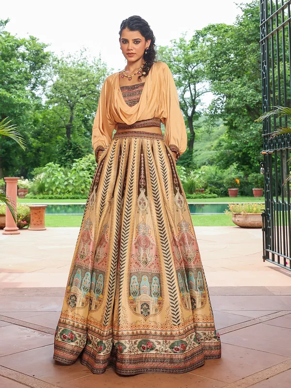 Beige raw silk crop top with lehenga