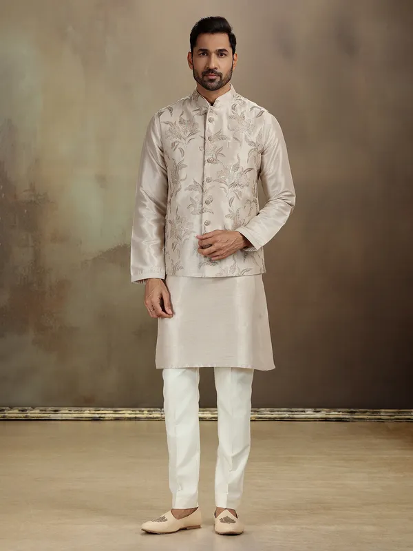 Beige raw silk sequin waistcoat set for men