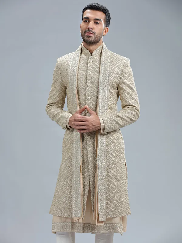 Beige raw silk sherwani with dupatta