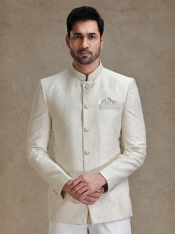 Beige resham weaved jodhpuri for reception
